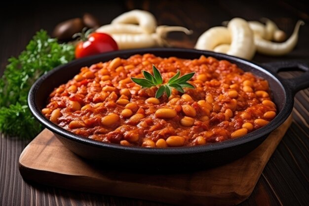 Getrocknete weiße Bohnen mit Tomatenmark, serviert auf einem Holzhintergrund