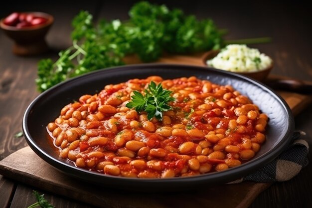 Getrocknete weiße Bohnen mit Tomatenmark, serviert auf einem Holzhintergrund