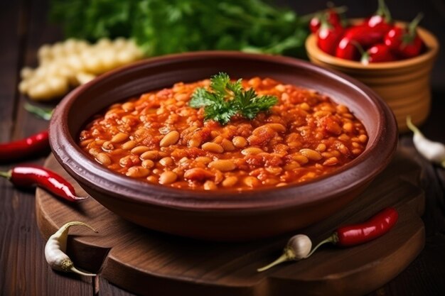 Getrocknete weiße Bohnen mit Tomatenmark, serviert auf einem Holzhintergrund