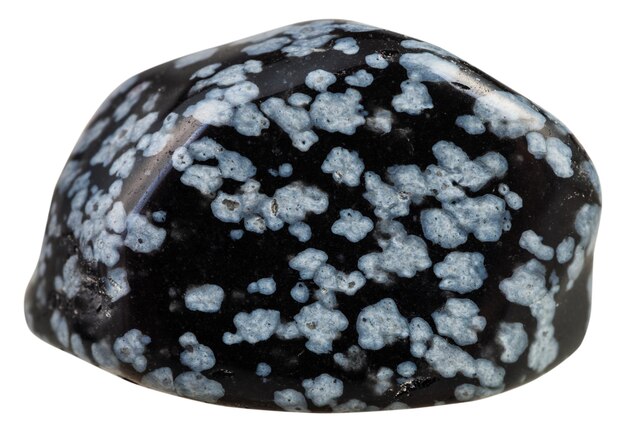 Getrommelter grauer Schneeflocken-Obsidian-Edelstein isoliert