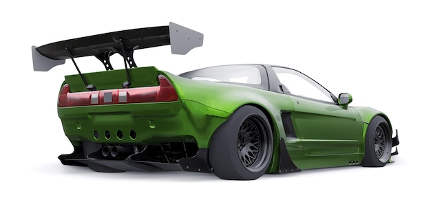 Getunter Sportrennwagen mit Luftfederung mit Bogenverlängerungen und einem riesigen Spoiler 3D-Rendering