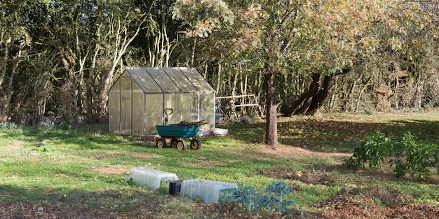 Gewächshaus aus Polycarbonat mit dreieckigem Dach in einer Ecke des Gartens