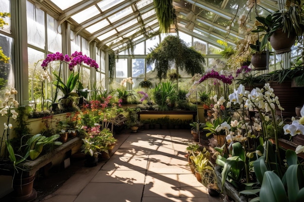 Gewächshaus gefüllt mit wunderschönen Orchideen und anderen exotischen Pflanzen