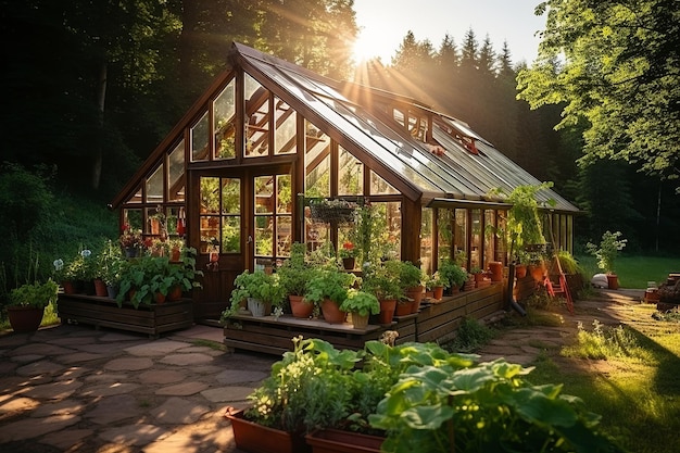 Gewächshaus im Gemüsegarten zum Anbau von Tomaten, Gurken und anderen Pflanzen im Garten mit grüner Vegetation an einem sonnigen Sommertag Generative KI