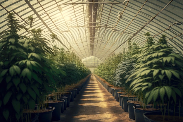 Gewächshaus mit langen Reihen wachsender Cannabispflanzen