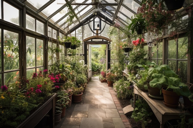 Gewächshaus voller exotischer Pflanzen und Blumen, die dem Garten Schönheit verleihen