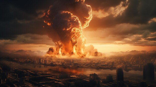 Gewaltsame Explosion vor dem Hintergrund einer großen Stadt Sunset Apocalypse Krieg Nukleare Bedrohung