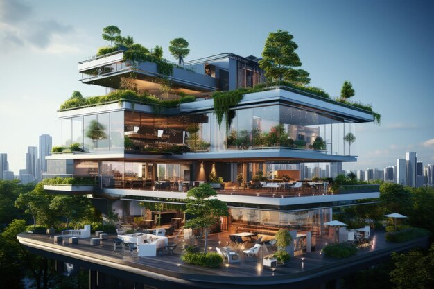 Gewerbeflächen, die moderne Architektur mit ökologischen Merkmalen verbinden Generative KI