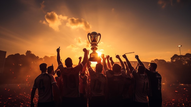 Gewinnende Mannschaft mit Gold-Trophäe-Pokal gegen die leuchtende Sonne am Himmel