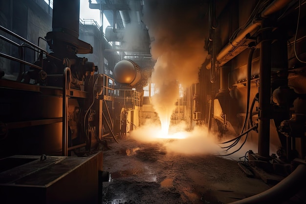 Gewinnung und Verarbeitung von Edelmetallen in industrieller Umgebung mit sichtbarem Rauch und Feuer