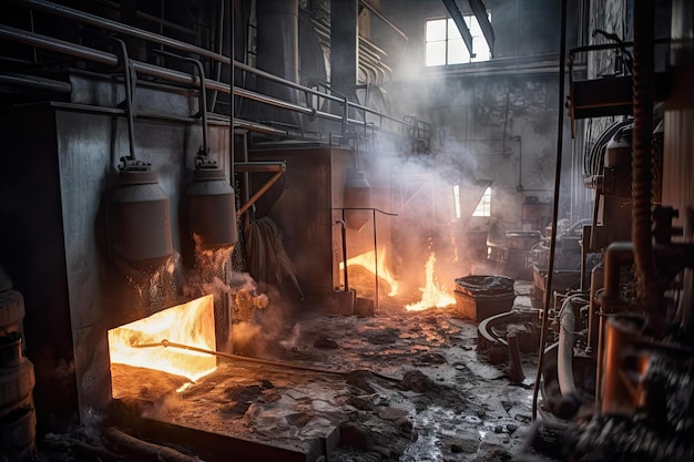 Gewinnung und Verarbeitung von Edelmetallen in industrieller Umgebung mit sichtbarem Rauch und Feuer