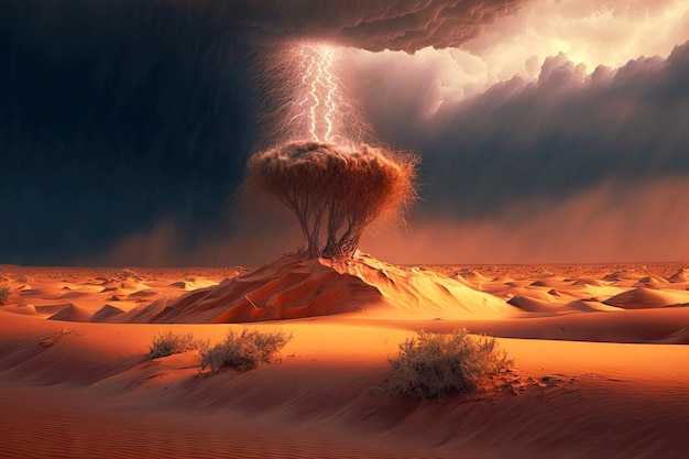 Gewitter tobt über Wüstendünen-Naturkatastrophe, die mit generativer KI gemacht wurde