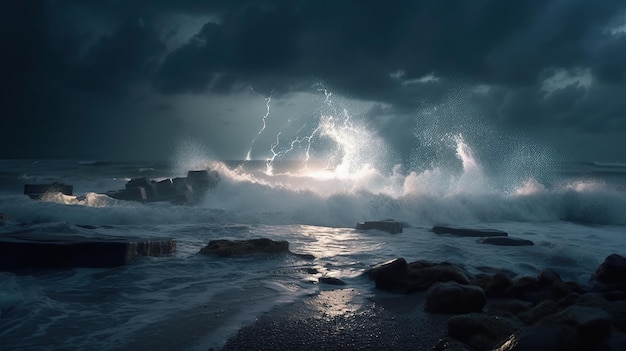 Gewitter über Sturmwellen auf dem Meer mit dramatischen Wolken generativer ai