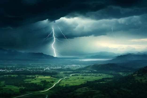 Gewitter und Molnya in der Ferne über der Stadtansicht von oben, erzeugt durch KI