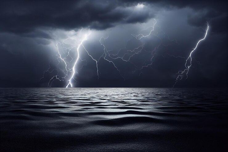 Foto gewitterwolken und helle blitzentladungen über einem teich 3d-darstellung