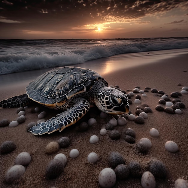 Gewöhnliche Meeresschildkröte am Strand Schildkröteneier Ozean Sonnenaufgang