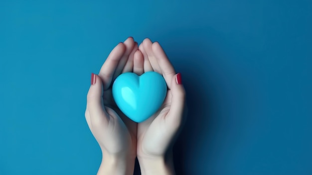 Gewölbte Hände halten ein blaues Herz auf blauem Hintergrund. Generative KI