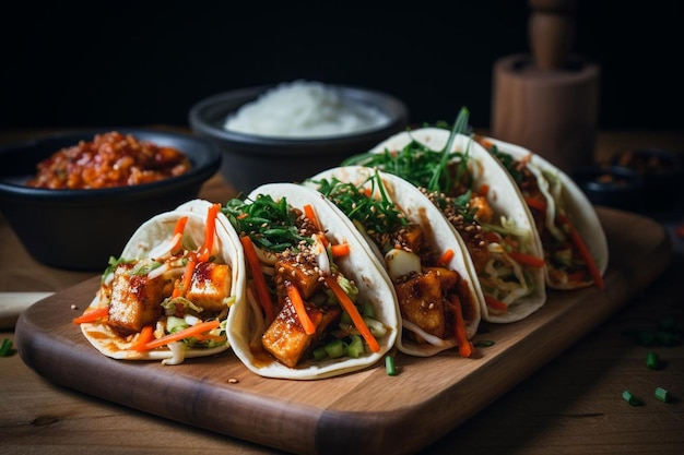 Gewürzte koreanische BBQ-Tofu-Tacos mit Kimchi