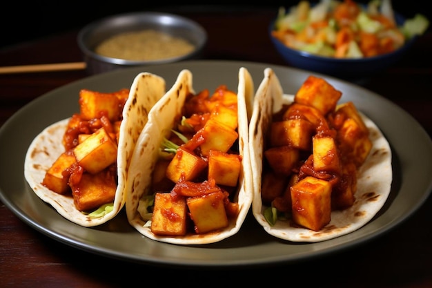 Gewürzte koreanische BBQ-Tofu-Tacos mit Kimchi