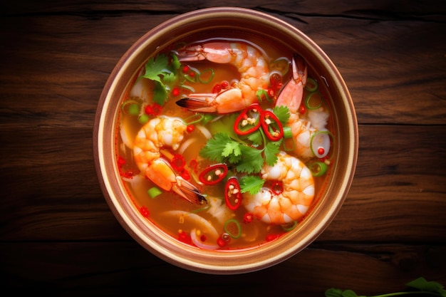 Gewürzte Miso-Suppe mit Garnelen auf einem Teller