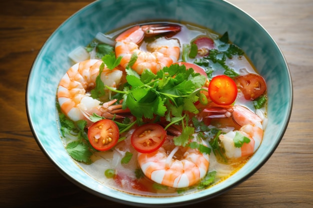 Gewürzte Miso-Suppe mit Garnelen auf einem Teller