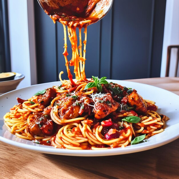 Foto gewürzte rot gefärbte spaghetti mit gut gegrilltem