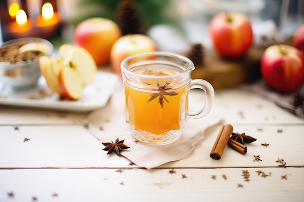 Gewürzter Apfelcider mit Sternanis auf dem Tisch