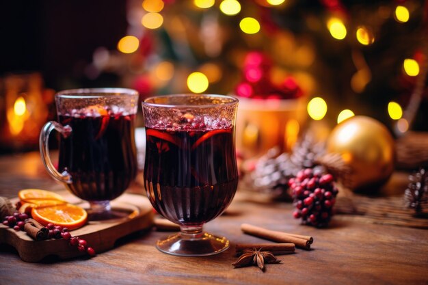 Gewürzter Glühwein neben festlicher Dekoration