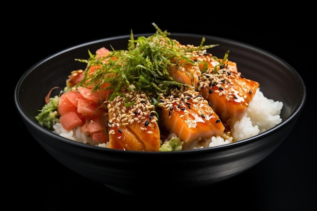 Foto gewürzter lachs donburi delight