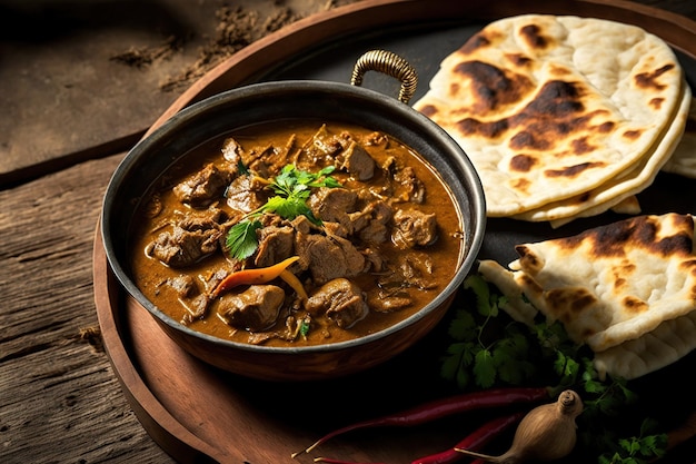 Gewürztes Fleisch-Curry Beef Vindaloo im Goa-Stil Indische Küche traditionelles Lamm- oder Rindfleisch-Curry scharfe Beef Curry Gravy ein keralanischer Favorit Appam aus Sri Lanka und Parotta Porotta aus Indien