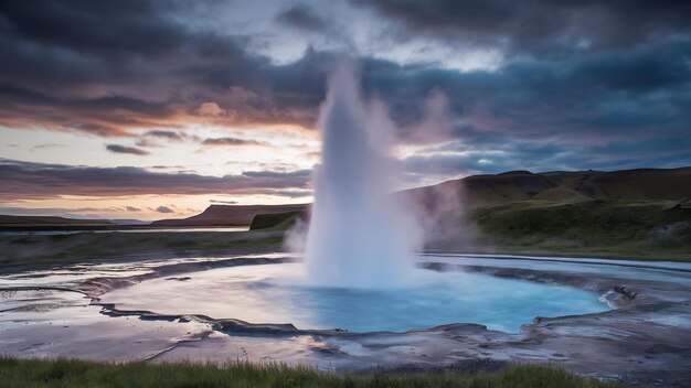 Geyser Strokkur rodeado de colinas bajo un cielo nublado por la noche en Islandia