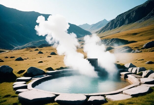 Foto un geyser con vapor saliendo de él