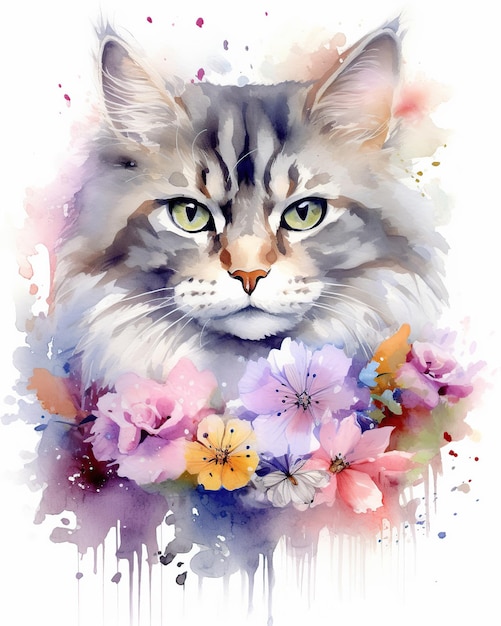 Gezeichnete Illustration einer Katze mit Blumen, die von der KI generiert wurde