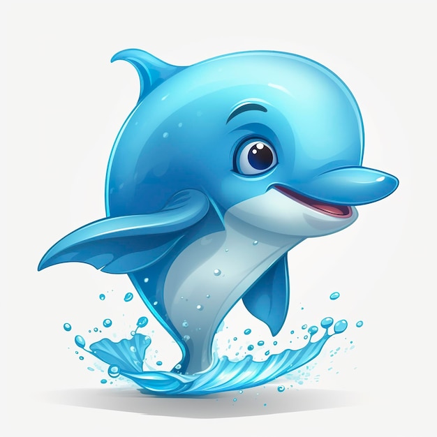 Gezeichneter Cartoon niedlicher lustiger Delfin mit weißem Hintergrund, Minimalismus, erzeugt eine KI