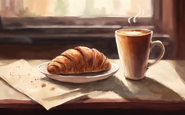 gezeichnetes croissant und tasse kaffee auf einem caféhintergrund aquarellgebäckillustrationen ai erzeugt