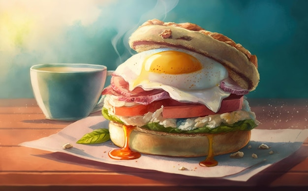 Gezeichnetes frisches gesundes sandwich zum frühstück aquarell frühstück essen illustrationen ai generiert