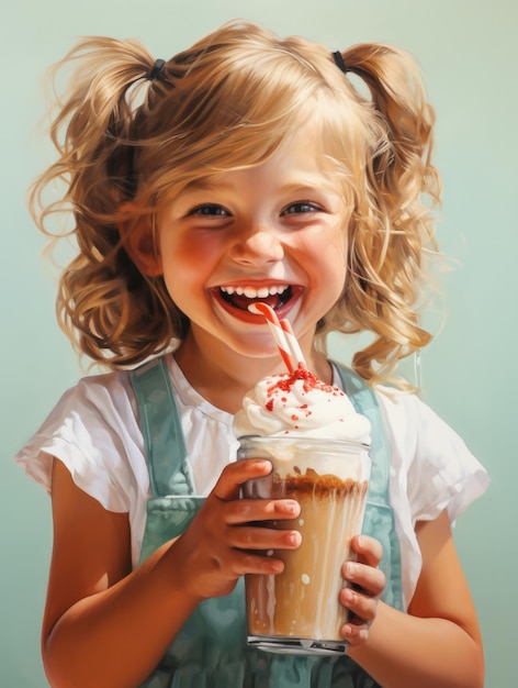 Gezeichnetes Porträt in Retrostil eines fröhlichen Mädchens, das in den Händen ein Glas mit Milchshake mit Schlagsahne auf hellem Hintergrund hält.