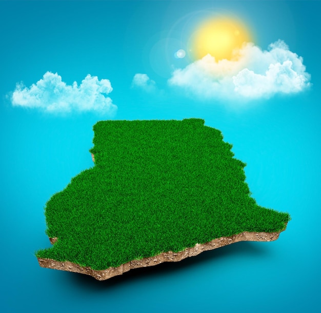 Ghana Karte Realistische 3D-Karte von 000 Wolken Baum Sonnenstrahlen auf hellblauem Himmel 3D-Darstellung