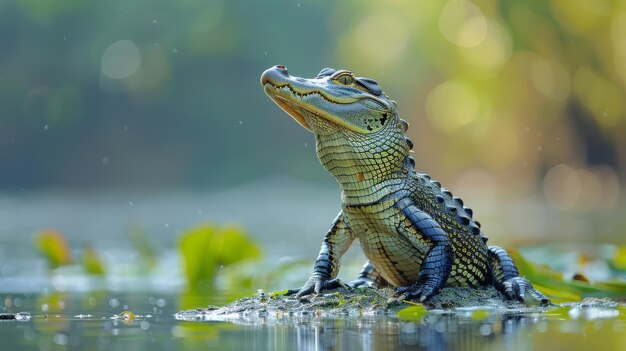 Gharial en una orilla del río agua brillante fondo borroso