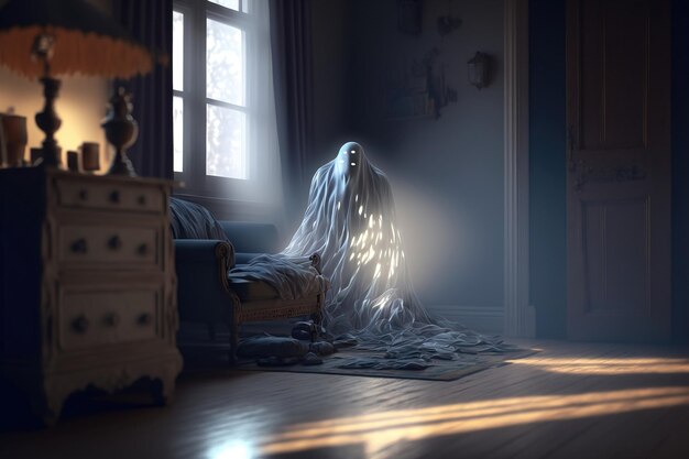 Ghost oltergeist vuela alrededor de la casa solo la noche de los muertos Fantasma blanco brillante pasa a través de las paredes 3d ilustración