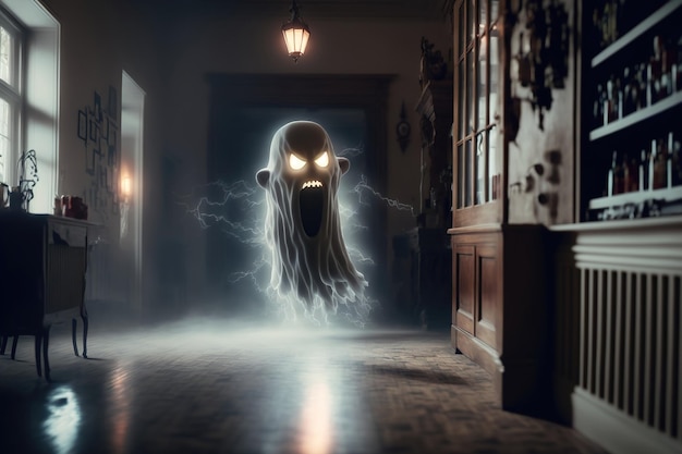 Ghost oltergeist vuela alrededor de la casa solo la noche de los muertos Fantasma blanco brillante pasa a través de las paredes 3d ilustración