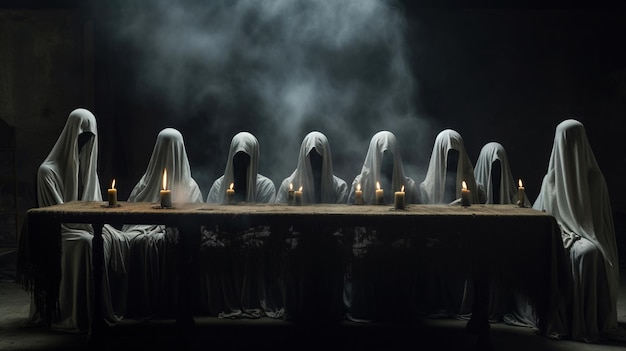 Ghost reunindo enigmático de figuras drapeadas em lençóis brancos envolvidos em um banquete à luz de velas