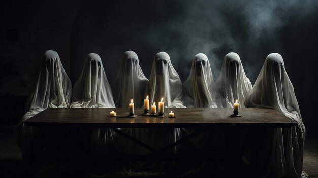 Foto ghost reunindo enigmático de figuras drapeadas em lençóis brancos envolvidos em um banquete à luz de velas