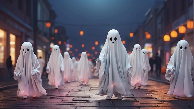 Ghostly Glee Kids em trajes de fantasmas celebrando as festividades de Halloween