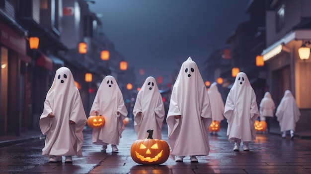 Ghostly Glee Kids em trajes de fantasmas celebrando as festividades de Halloween