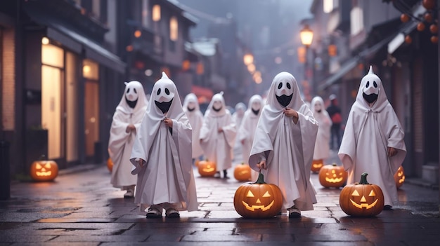 Ghostly Glee Kids em trajes de fantasmas celebrando as festividades de Halloween