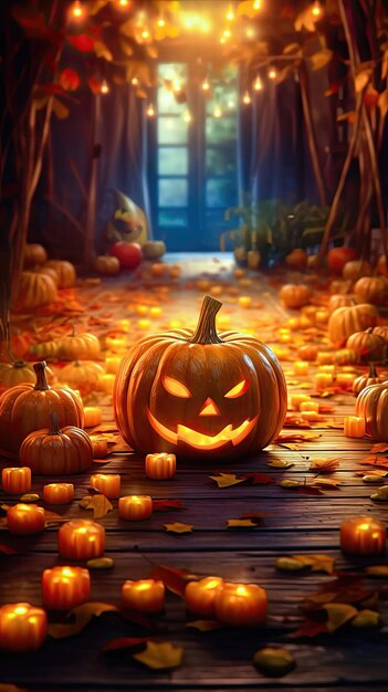 Ghoulish Pumpkin Array mit glühenden Augenflammen Halloween-Konzept Generative KI