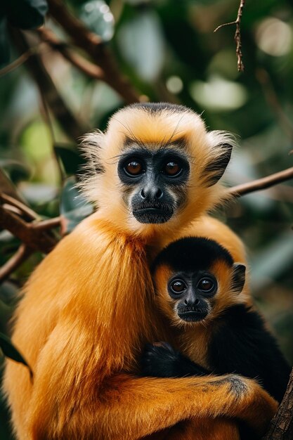 Foto gibbon nomascus gabriellae de bochechas amarelas com comida de grama macaco laranja na árvore