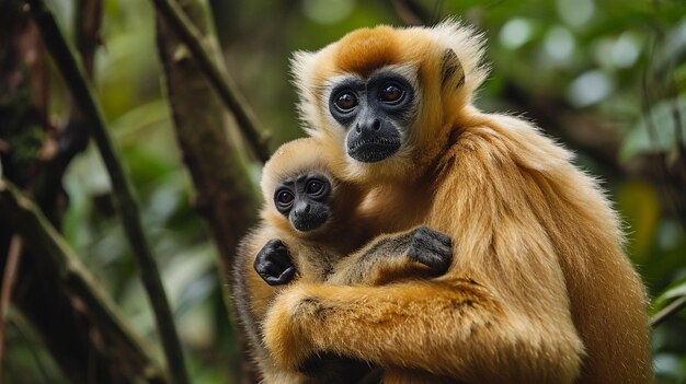 Foto gibbon nomascus gabriellae de bochechas amarelas com comida de grama macaco laranja na árvore