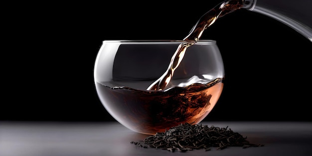 Gießen Sie frisch gebrühten schwarzen Tee in eine Glastasse und trocknen Sie schwarzen Tee auf dunklem Hintergrund, der von der KI erzeugt wurde